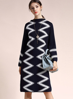 Woolen Geometric Pattern Straight Knitted Dress