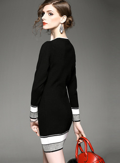 Stylish Monochrome Color-blocked Skinny Knitted Dress