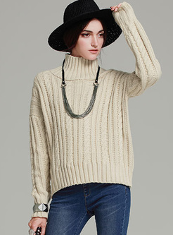Long Pleat High Neck Brown Knitted Sweater