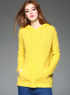 Yellow Hooded Loose Knitted Sweatshirt
