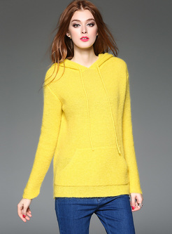 Yellow Hooded Loose Knitted Sweatshirt