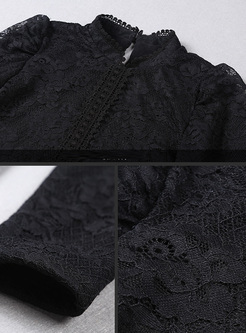 Black Stand Collar Lace Slim Top