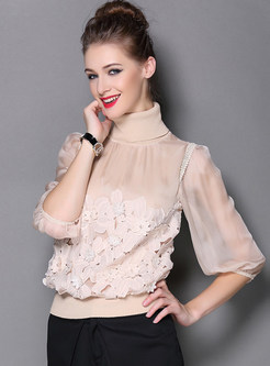 High Collar Lace Patch Floral Embroidery Blouse