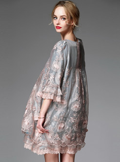 Elegant Flounced Embroidery Organza Shift Dress