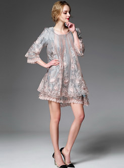 Elegant Flounced Embroidery Organza Shift Dress