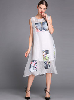 Loose Sleeveless Print Patchwork Shift Dress With Underskirt