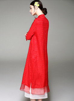Long Red Lapel Button-hidden Linen Coat