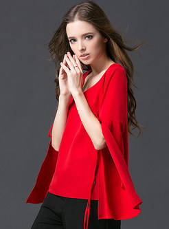 Loose Flare Sleeve V-neck Personality T-shirt