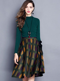 Brief Pure Color Sweater & A-line Print Skirt Suits