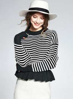 Fashionable Flounced Stripe Bat Sleeve Sweater