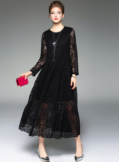 Elegant Pure Color Hollow Lace Maxi Dress