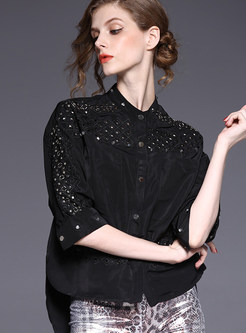 Stand Collar Lace Hollow Asymmetric Blouse