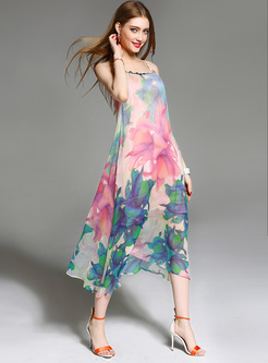Loose Big Hem Floral Print Silk Slip Dress