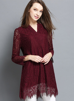 Loose Lace V-neck Hollow T-shirt