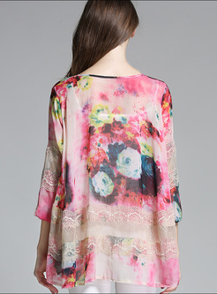 Loose Lace Mesh Floral Print T-shirt