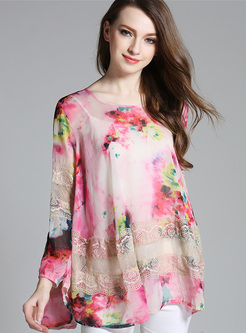 Loose Lace Mesh Floral Print T-shirt