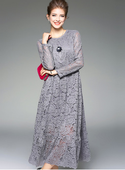 Elegant Pure Color Hollow Lace Maxi Dress
