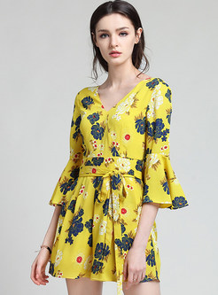 Stylish Flare Sleeve Nipped Waist Floral Print Jumpsuits