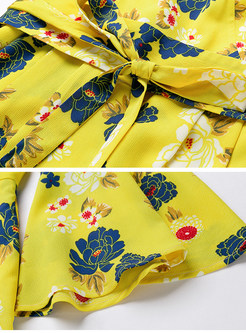 Stylish Flare Sleeve Nipped Waist Floral Print Jumpsuits