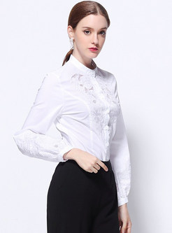 Stand Collar Hollow Patch Embroidery Blouse
