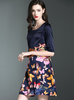 Fashion Print Half Sleeve Silk Shift Dress