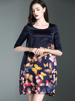 Fashion Print Half Sleeve Silk Shift Dress