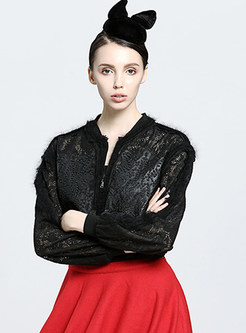 Brief Cardigan Zipper Long Sleeve Lace Embroidery Coat