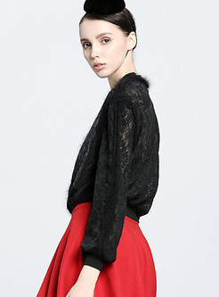 Brief Cardigan Zipper Long Sleeve Lace Embroidery Coat