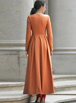 Vintage O-neck Pure Color Elegant Maxi Dress 
