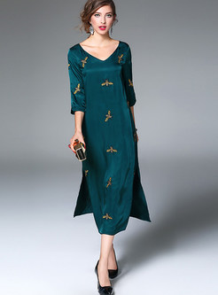 Elegant Loose V-neck Embroidered Shift Dress