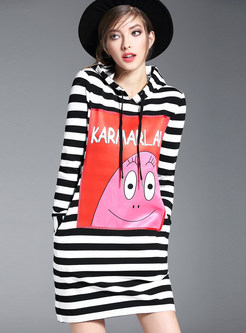 Casual Hooded Stripe Cartoon Pattern T-shirt Dress