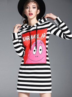 Casual Hooded Stripe Cartoon Pattern T-shirt Dress