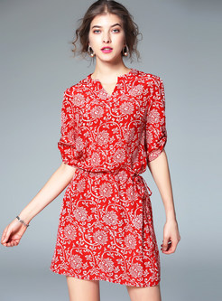 Half Sleeve V-neck Print Mini Dress