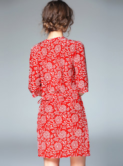 Half Sleeve V-neck Print Mini Dress