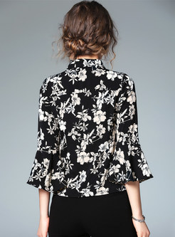 Elegant Flare Sleeve Floral Print Blouse With Necktie