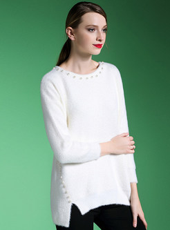 O-Neck Hand-Beads Slit Solid Color Sweater