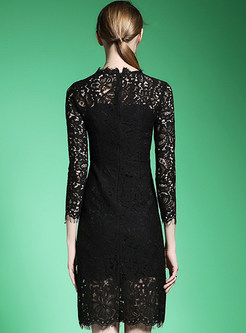 Stand Collar Lace Hollow Three Quarters Sleeve Bodycon Dress