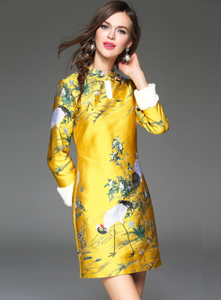 Vintage Swan Jacquard Slim Cheongsam Dress