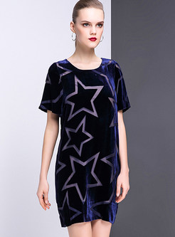 Stylish Star Print O-neck Short Sleeve Shift Dress