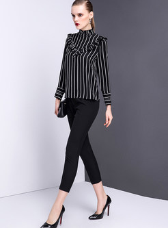 Brief Stripe Turtle Neck Two-piece Outfits
