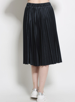 Chic Pleat Elastic Waist Solid Color Skirt