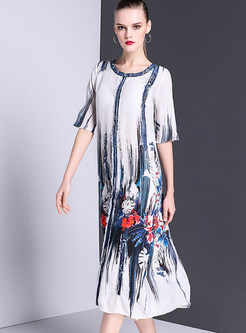 Ethnic O-neck Print Silk Shift Dress