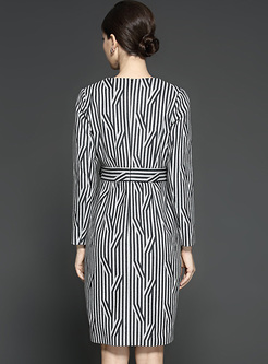 Work Vertical Stripe Notched Collate Skinny Dress