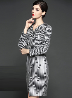 Work Vertical Stripe Notched Collate Skinny Dress