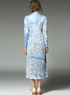 Elegant Lace-up High Waist Pleat Maxi Dress