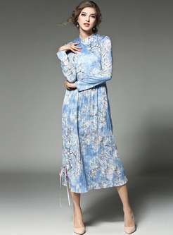Elegant Lace-up High Waist Pleat Maxi Dress