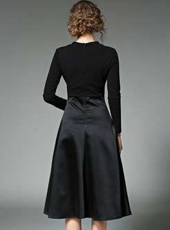 Black Velvet Long Sleeve Patchwork Skater Dress