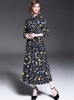 Stylish A-line Floral Print Lapel Maxi Dress