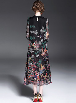 Ethnic O-neck Floral Print Maxi Dress