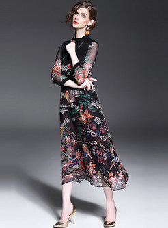 Ethnic O-neck Floral Print Maxi Dress